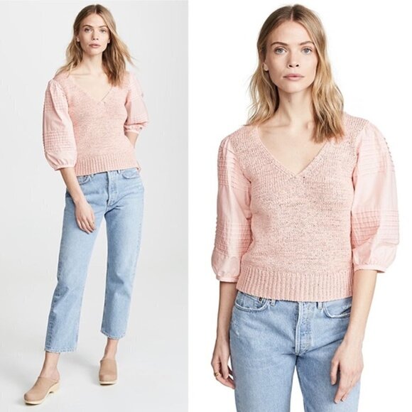 Rebecca Taylor La Vie Pullover Sz S Poplin Sleeve In Tawny Peach - Picture 1 of 16